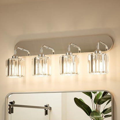 Keonjinn 4-Light Bathroom Light Fixtures, Crystal Chrome Bathroom Vanity Lights Over Mirror, Vanity Lighting Fixtures with Crystal Square Shades (E26 Socket, Exclude Bulb) - color: Chrome, size: 4-Light