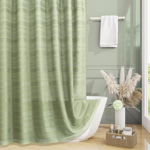 Long Boho Farmhouse Shower Curtain Set with Tassel, Linen Bohemian French Country Chic Bathroom Shower Curtain Set, Modern Striped Textured Shower Curtain 72x78 - Olive Green - color: Olive Green, size: 72"W x 78"L (Pack of 1)