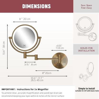 8" Lighted Makeup Mirror Wall Mounted with Magnification, Antique Brass | 2 Sided, 1X/5X Magnifying, 3-Color Lighting, Touch Dimming, Extended Arm, 360 Rotation, Bathroom Vanity Cosmetic, Hardwired - color: Antique Brass