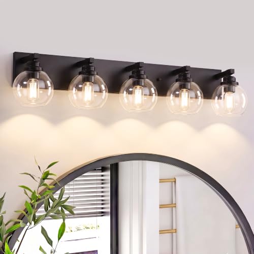 LmnLvn Bathroom Light Fixtures, 5-Light Matte Black Vanity Lights, Modern Bathroom Lighting Fixtures Over Mirror, Farmhouse Vanity Lights with Glass Shade for Living Room, Bedroom, Hallway - color: Matte Black, size: 5 Lights