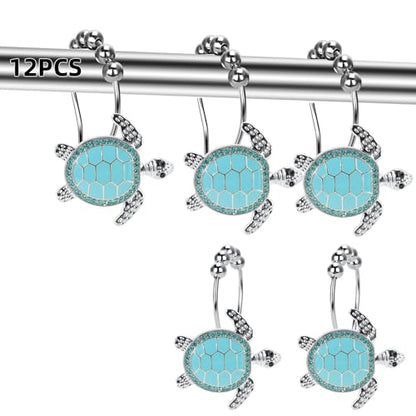 Blue Sea Turtle Decorative Shower Curtain Hooks and Rings Set,12 Pieces,Roller Ball, Stainless Steel,Cute Ocean Animal Decor, Beach Shower Hooks,Rustproof,for Home Living & Bathroom Decor