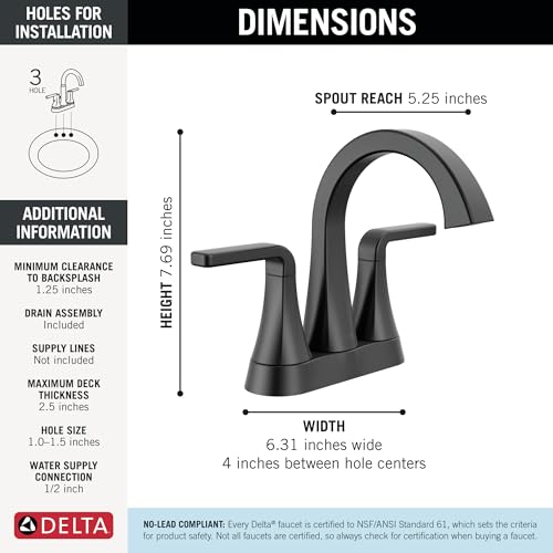 Delta Lineax Centerset Matte Black Bathroom Faucet, 4 Inch 3 Hole Bathroom Sink Faucet for Vanity, Metal Push-Pop Drain Assembly, Matte Black 2562LF-BLMPU - color: Matte Black
