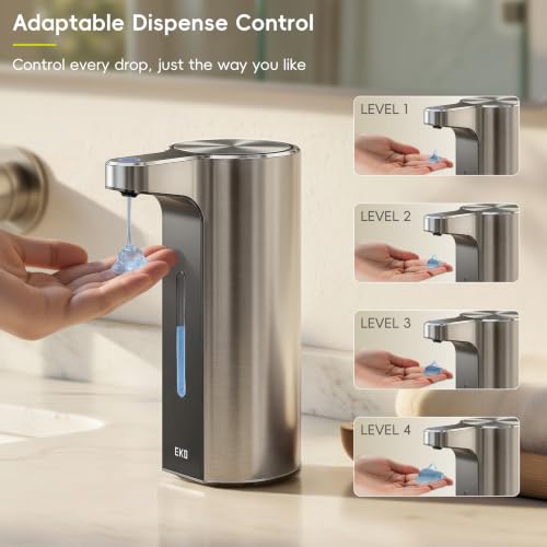 EKO Aroma Pro 13.5 fl oz Touchless Automatic Liquid Soap Dispenser, Rechargeable Hand & Dish Soap Dispenser for Bathroom and Kitchen, Waterproof, Adjustable Volume Control (Stainless Steel) - color: Stainless Steel, size: 13.5 oz (Premium Wireless Chargin