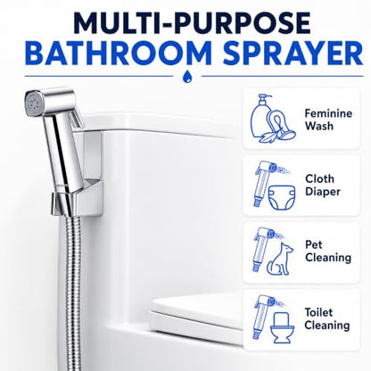 Handheld Bidet Sprayer for Toilet, Lockable Push Button, High Pressure Bathroom Sprayer, Cloth Diaper & Personal Hygiene Sprayer, Tank Mount No-Drill Install, Stainless Hose Set, Chrome Color - color: Chrome