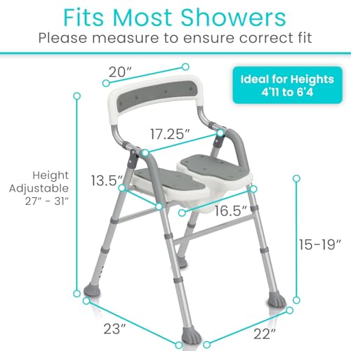 Vive Shower Chair for Elderly & Disabled - Handicap Bath Chair with Arms & U-Shape - Foldable, Adjustable Height - Padded Soaking w/Back & Drain Hole - Portable, Non-Slip, Safe Disability Aid | U-Shape - Foldable, Adjustable Height - Padded Soaking w/Back