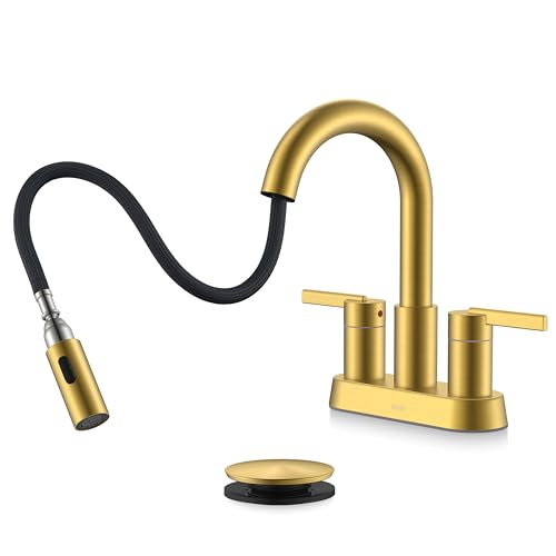 Brushed Gold Centerset 2 Handle Bathroom Faucet with Pull Out Sprayer | Pull Down Bathroom Faucet with Pop Up Drain & Supply Lines, Lead-Free cUPC & NSF Certified, 3 Hole Faucet for Vanity RV Bar - color: Brushed Gold