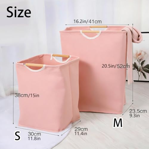 Collapsible Laundry Hamper Bag with Wooden Handles - 36L/8 Gallon Capacity Waterproof Oxford Cloth Storage Basket, Freestanding No Wire Frame, for Dorm Room, Bedroom, Bathroom (Small-Pink) - size: Small-Pink