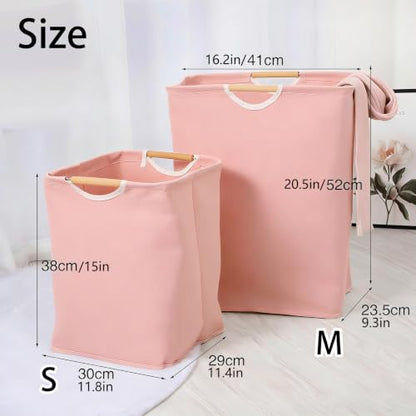 Collapsible Laundry Hamper Bag with Wooden Handles - 36L/8 Gallon Capacity Waterproof Oxford Cloth Storage Basket, Freestanding No Wire Frame, for Dorm Room, Bedroom, Bathroom (Small-Pink) - size: Small-Pink