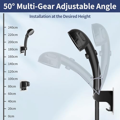 HANLIAN Strong Adhesive Handheld Shower Head Holder Without Drilling | 50° Adjustable Shower Wand Holder Wall Mount with Hooks, Waterproof Hand Held Showerhead Bracket with Hanger(Black, 1 piece) - color: Black