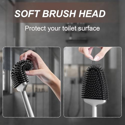 Silicone Toilet Brush, Ventilation Slots Base Holder 1 Pack Silver | Flexible Bristles Flat Head for Rim, Hair Tangle-Free, Easy to Clean, Compact Design, Rustproof Handle, for Toilet/Sink/Tub - color: Silver-1pcs