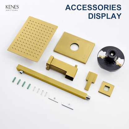 KENES Brushed Gold Shower Set with Tub Faucet, Square Tub Shower Faucet Set | Shower Faucet with 10-Inch Rain Shower Head, Square Shower System, Valve Included, Lead-Free cUPC & NSF Certified, Stainless - color: Brushed Gold, style: Tub Shower Faucet Set