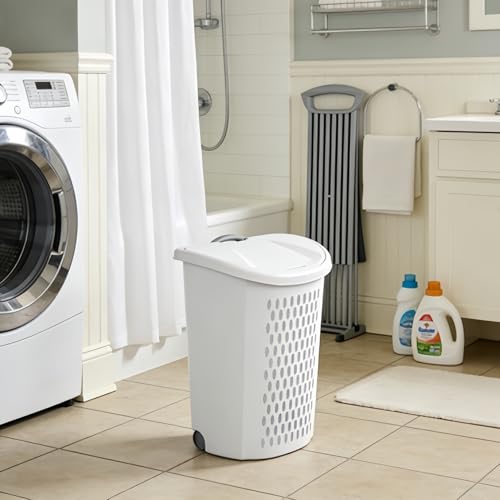 Wheeled Laundry Hamper with Retractable Handle, Plastic Rolling Laundry Basket for Easy Transport, Large 2-Bushel Capacity Clothes Hamper. Suitable for Laundry Rooms, Bathrooms, and Dormitories. White