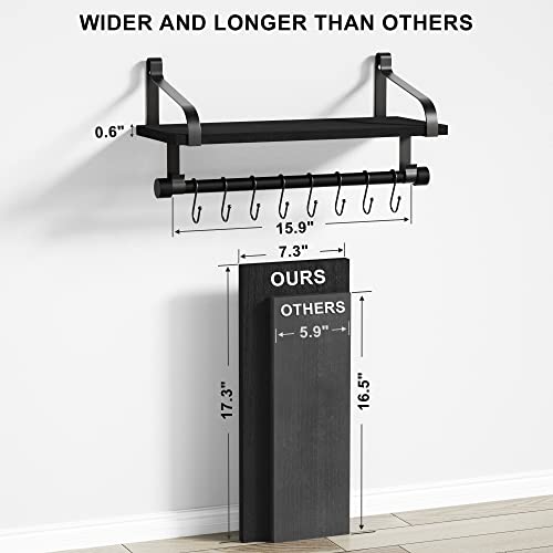 Love-KANKEI 17.3" Floating Wall Shelf Solid Wood/Bracket,Coffee Bar,Black | Spice Rack,Towel Bar/8 Hooks,40 Lbs/shelf,Easy to Install,For Kitchen,Bathroom,Living Room,Bedroom,Office,Entryway Display - color: Black