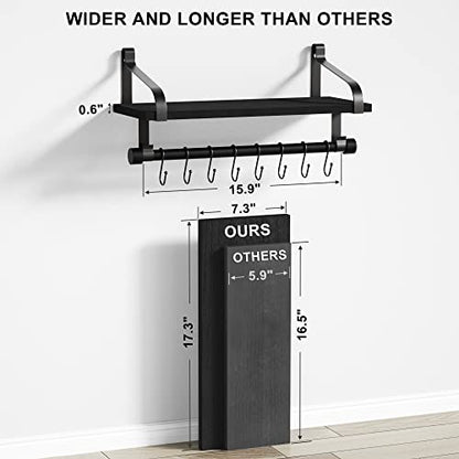 Love-KANKEI 17.3" Floating Wall Shelf Solid Wood/Bracket,Coffee Bar,Black | Spice Rack,Towel Bar/8 Hooks,40 Lbs/shelf,Easy to Install,For Kitchen,Bathroom,Living Room,Bedroom,Office,Entryway Display - color: Black
