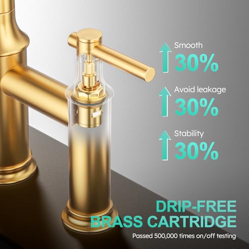 Bridge Kitchen Faucet Brushed Gold: 3 Holes Brass Bridge Faucet with Pull Down Sprayer - Two Handles 8 Inch Centerset Kitchen Sink Faucet, 360° Swivel Spout - color: Brushed Gold