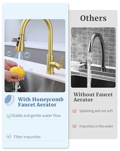 Kitchen Faucet Spray Head Replacement, Pull Down Sprayer with 15 Adapters | Pull Out Faucet Spray Nozzle, 3 Modes Stream/Spray/Strong Spray, DOE CEC Certified, Simple Installation, Brushed Gold - color: Gold Brushed