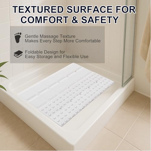 Webos Anti Slip Shower Mat for Tub & Shower Stall, 21" x 21" Square Silicone Bathtub Mat with Powerful Suction Cups, Fast-Draining, Machine Washable Soft Foldable Bathroom Mat, White - color: White, size: 21" x 21" (Square)