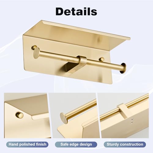 Toilet Paper Holder, NEWRAIN Double Bathroom Toilet Paper Roll Holder with Shelf, Stainless Steel Wall Mounted RV Tissue Roll Holder, Brushed Gold Commercial Farmhouse Toilet Paper Dispenser - color: Brushed Gold, style: Double