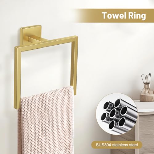 TURS Brushed Gold 5 Pieces Bathroom Hardware Set, SUS304 Stainless Steel 23.6 Inch Bath Towel Bar Set, Square Bathroom Accessories Kit Wall Mounted - color: Brushed Gold