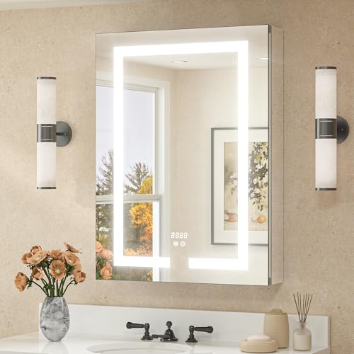 TETOTE 24 x 32 LED Lighted Medicine Cabinet with Lights & Outlets & USB, Recessed or Surface Mount Medicine Cabinet Mirror for Bathroom with Storage, Tempered Glass, 3-Color Dimming, Adjustable Shelf - size: 24x32