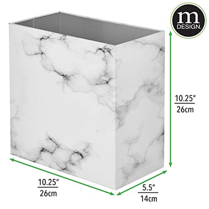 mDesign Small Steel Rectangular 2.4 Gallon/9.1 Liter Trash Can, Waste Basket for Bathroom, Bedroom, Home Office - Holds Garbage, Recycling, Household Items - Linn Collection - White Marble - color: White Marble