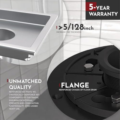 6 Inch Square Shower Floor Drain with Flange,Quadrato Pattern Grate Removable,Food-Grade SUS 304 Stainless Steel,Watermark&CUPC Certified,Brushed - color: Brushed, size: 6 Inch