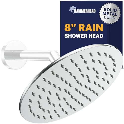 HammerHead Showers® Solid Metal 8 Inch Rainfall Shower Head – CHROME - Shower Head Rainfall - 2.5 GPM High Flow Shower Head Optimized for Pressure – Large Round Rain Shower Heads - color: Polished Chrome, size: 2.5 GPM