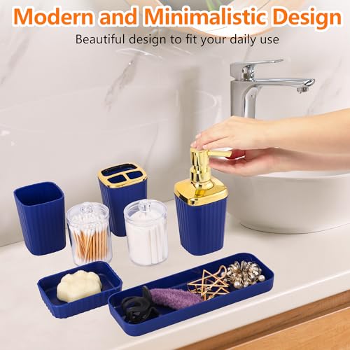 9 PCS Navyblue Bathroom Accessories Set with Trash Can Bathroom Accessory | All-in-One Kit with Trash Can,Toothbrush Holder,Soap Dispenser,Toothbrush Cup,Vanity Tray,Soap Dish,Toilet Brush etc for Home - color: Navy Blue