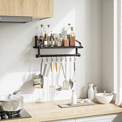 Love-KANKEI 17.3" Floating Wall Shelf Wood/Bracket,Coffee Bar,Black/Brown | Spice Rack,Towel Bar/8 Hooks,40 Lbs/shelf,Easy to Install,For Kitchen,Bathroom,Living Room,Bedroom,Office,Entryway Display - color: Black/Brown