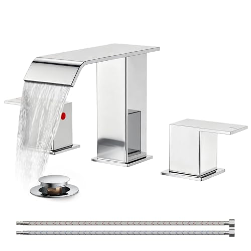 FORIOUS Bathroom Faucet 3 Hole 8 Inch Widespread Vanity Sink Faucets Chrome | 3-hole 4-12 Inch Widespread Sink, Square Waterfall Spout, with Drain and Hoses,for Vanity Rv Commercial Lavatory Restroom - color: Chrome