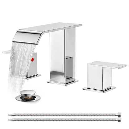 FORIOUS Bathroom Faucet 3 Hole 8 Inch Widespread Vanity Sink Faucets Chrome | 3-hole 4-12 Inch Widespread Sink, Square Waterfall Spout, with Drain and Hoses,for Vanity Rv Commercial Lavatory Restroom - color: Chrome