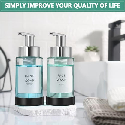 RYTOXILO Glass Soap Dispenser, 10 oz/300ml Foaming Soap Dispenser, 2 Pack Foaming Hand Dispenser with 2 Non-Slip Silicone Bottom Sleeve, Clear Refillable Foam Soap Bottle with Silver Pump - color: Clear Bottle, size: 10 Fl oz with Silver Pump Silicone Boo