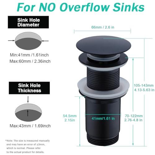 Matte Black Bathroom Sink Drain,Pop-up Drain with Detachable Basket Stopper,Anti-Clogging Drain Strainer,Hair Catcher,for Vanity Vessel Sink Without Overflow,SE83997PB-MB - color: Matte Black(without Overflow)