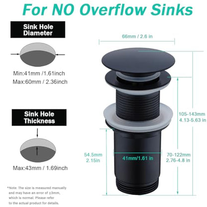 Matte Black Bathroom Sink Drain,Pop-up Drain with Detachable Basket Stopper,Anti-Clogging Drain Strainer,Hair Catcher,for Vanity Vessel Sink Without Overflow,SE83997PB-MB - color: Matte Black(without Overflow)