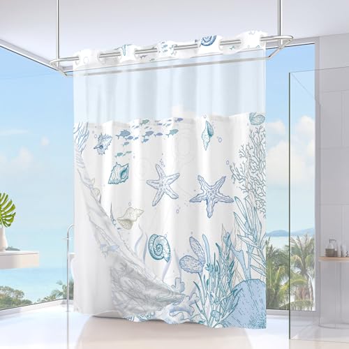 No Hook Shower Curtain and Liner Set, Blue Beach Coastal 71x77 | Nautical Ocean for Bathroom, with Snap in Liner Replacement, Mesh Top Window, Waterproof, Machine Washable, Quick-Drying - color: Blue, size: 71"W x 77"L (Pack of 1)