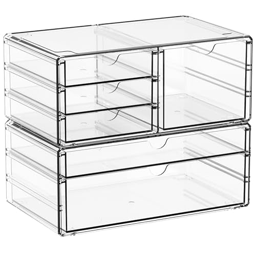 2 Pack Acrylic Drawer Organizer With 6 Drawers,Stackable 11.1” Large Clear Storage Drawers and Makeup Organizer For Vanity,Bathroom Countertop,Cabinet,Pantry,Office Supply Storage Bins Drawers - size: large 6 Drawers