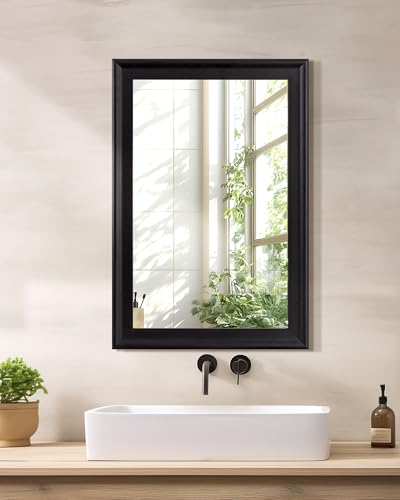CULER Black Wood Wall Mirror for Bathroom,Rectangle 20 x 30 inch Hanging Vanity Mirrors with Wooden Frame for Living Room,Bedroom,Entryway - color: Black, size: 30"L x 20"W