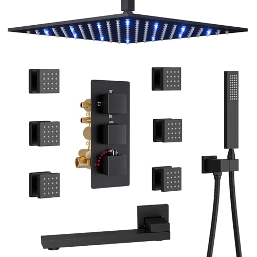 Black Tub Shower Faucet Set 4 Functions Thermostatic Shower System | with Tub Spout, Ceiling Mounted 12 inch Shower Head, 6 Body Jet, Handheld Spray - color: Black, size: 12" Ceiling Shower