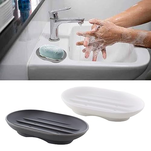 Flexible Silicone Soap Tray Soap Holder Self Draining Soap Saver for Shower Bathroom and Kitchen 2 Pack (Grey + White) Soap Saver White Soap Dish Soap Storage Non Slip Soap Tray Soap Dish for Shower