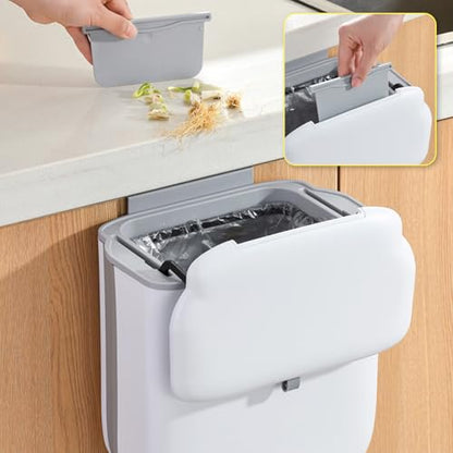 Soddeph 3.2Gal Collapsible Trash Bin with Lid | Hanging wall-mounted wastebasket for kitchen, under sink, RV. Collapsible, beige, space-saving