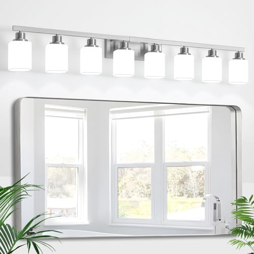 8-Light Bathroom Vanity Light,Brushed Nickel Vanity Lights with Square Frosted Glass,Modern Wall Lights Fixtures Over Mirror,Wall Sconces Lighting for Bedroom Living Room,E26 - color: Nickel, size: 8-Light