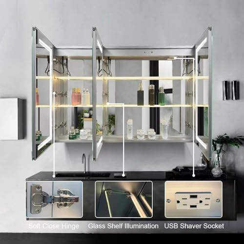 High-End Led Medicine Cabinet,Lighted Medicine Cabinet,3 Colors&Dimmable,Demister,Lighted Glass Shelf,USB Shaver Socket.Surface Mount or Recess Mount,48×32inch - size: 48×32inch