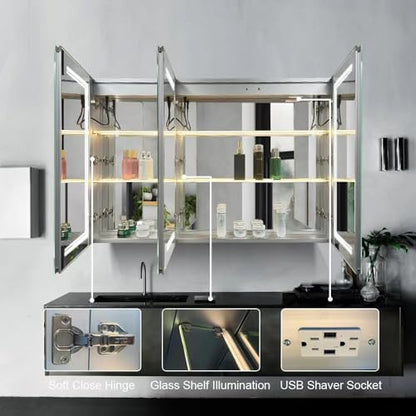 High-End Led Medicine Cabinet,Lighted Medicine Cabinet,3 Colors&Dimmable,Demister,Lighted Glass Shelf,USB Shaver Socket.Surface Mount or Recess Mount,48×32inch - size: 48×32inch