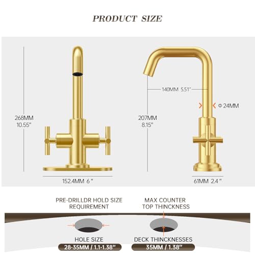 Phiestina Brushed Gold 2-Handle 4 Inch Centerset Single Hole Bathroom Faucet with Drain,Deck Plate and Supply Hoses, Fit for 1 or 3 Hole, SGF002-10-BG