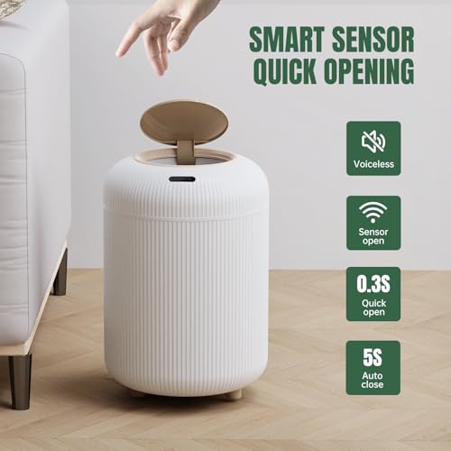 URALFA Bathroom Trah Can with Lid, Motion Sensor Trash Can Touchless | 3 Gallon Automatic Bathroom Garbage Can, Smart Trash Bin for Bedroom, Office, Restroom, Removable Legs, White and Gold - color: White