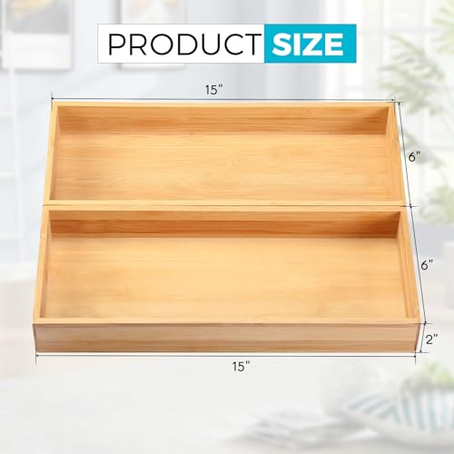 Fabsome Kitchen Utensil Drawer Organizer, Bamboo Silverware Cutlery Flatware Organizer Bins, Wooden Container Storage Trays for Bathroom Vanity Junk Drawer, 15" x 6" Set of 2 - size: 2''H 2 Boxes