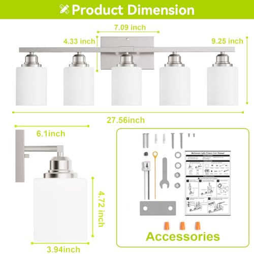 5-Light Bathroom Light Fixture, Brushed Nickel Vanity Lights Over Mirror, Anti-Rust, White Glass Shades, E26 Base, Bulb Not Included - color: Brushed Nickel-5 Light