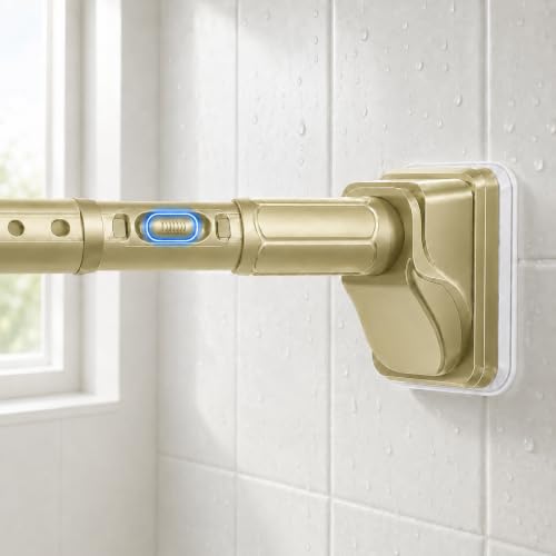 JILRON Gold Shower Curtain Rod 32-96in(2.66-8ft),Tension Curtain Rods No Drill,Rust-Proof-1.26" dia,One-Click Stretch Design, Upgraded Anti-Slip Pads - color: Gold, size: 32-96 inch-1Pack