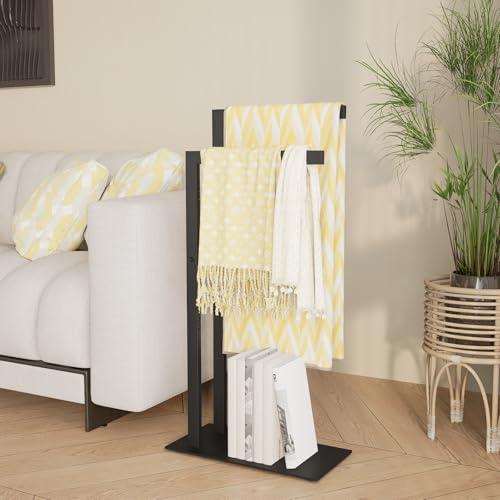 Yawinhe Free Standing Towel Rack,2 Tier Blanket Holder with Shelf,Black | Towel Drying Rack with Marble Base;Tall Towel Drying Rack Outdoor; Metal Towel Stand for Bathrooms;Hand Holder for Bathroom - color: Black