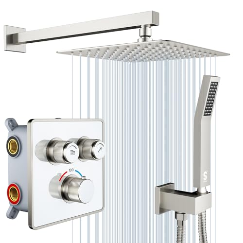 SR SUN RISE 100℉ Brushed Brushed Nickel Shower System,10 Inch | Luxury Rainfall Shower Head,High-Pressure Handheld Shower,Soild Brass,Wall Mount,Valve and Trim Kit Included - color: Brushed Nickel, style: 10"